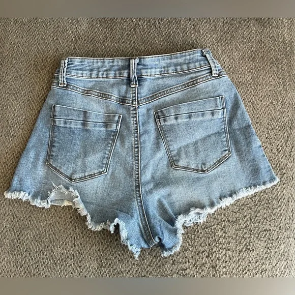Sincerely Jules Light Blue High Waist Distressed Button-Front Shorts - Picture 3 of 3